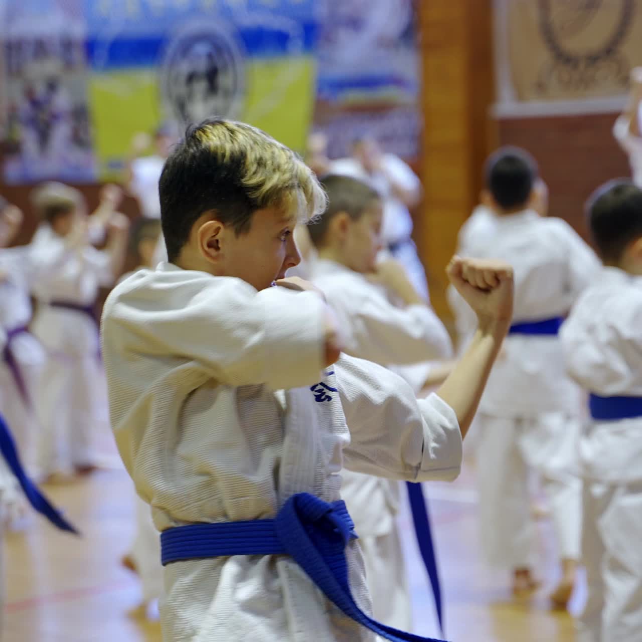 Karate trainees in white kimonos and blue belts practice exercise. Boys standing with their backs to the camera facing the trainer. Blurred backdrop