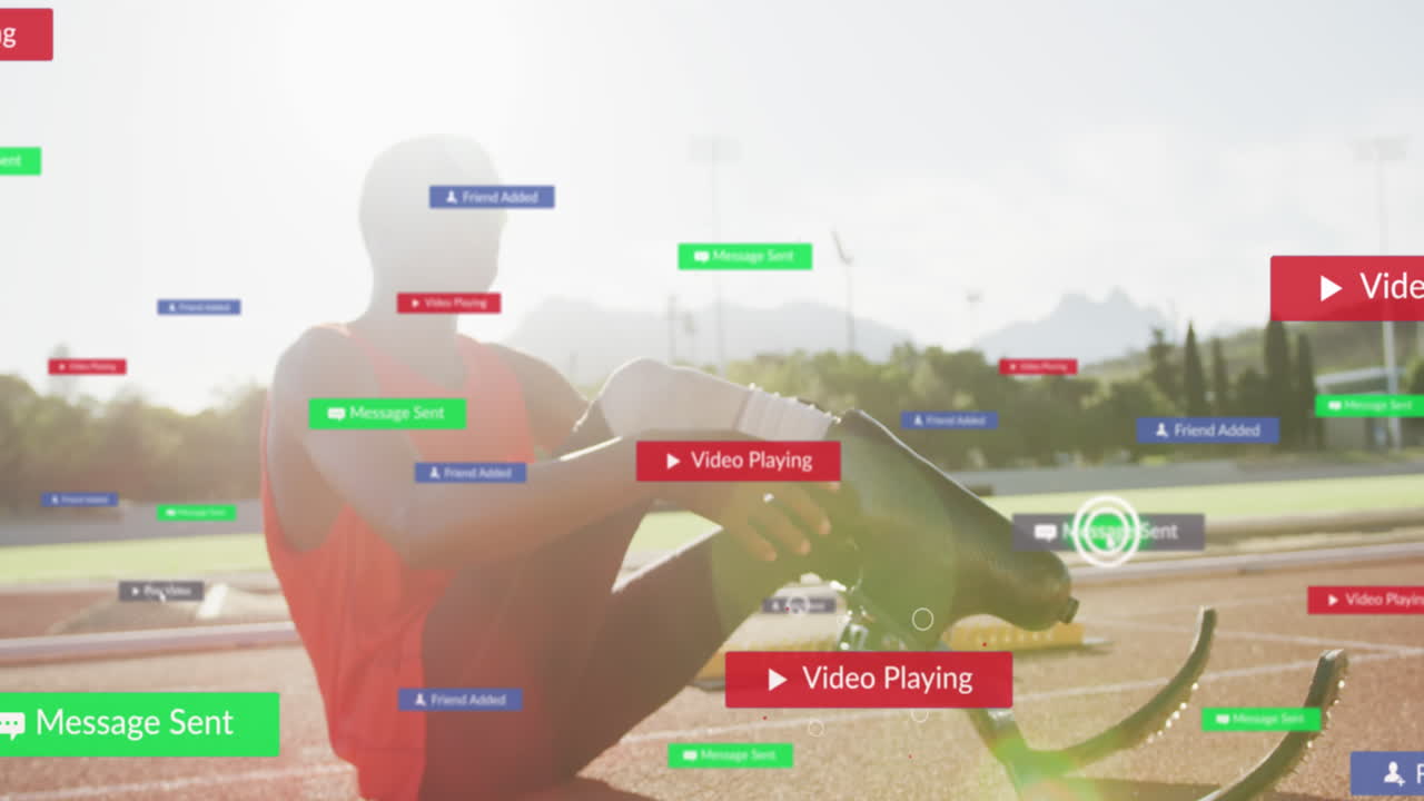 알림 바의 애니메이션, 아프리카계 미국인 운동 선수가 경주 트랙에서 인공 다리를 착용합니다.