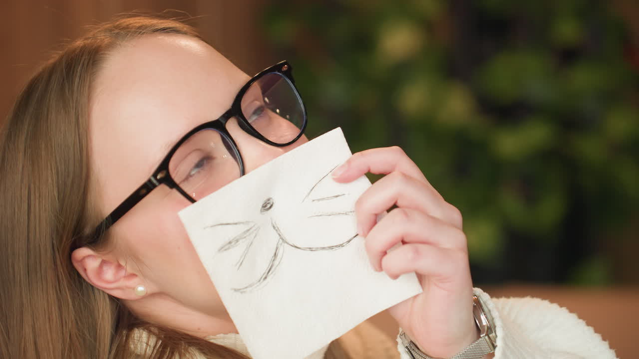 Close up of young girl with glasses holding hand-drawn cat mask napkin near mouth while smiling playfully, wearing white sweater, seated against blurred wood and green plant background