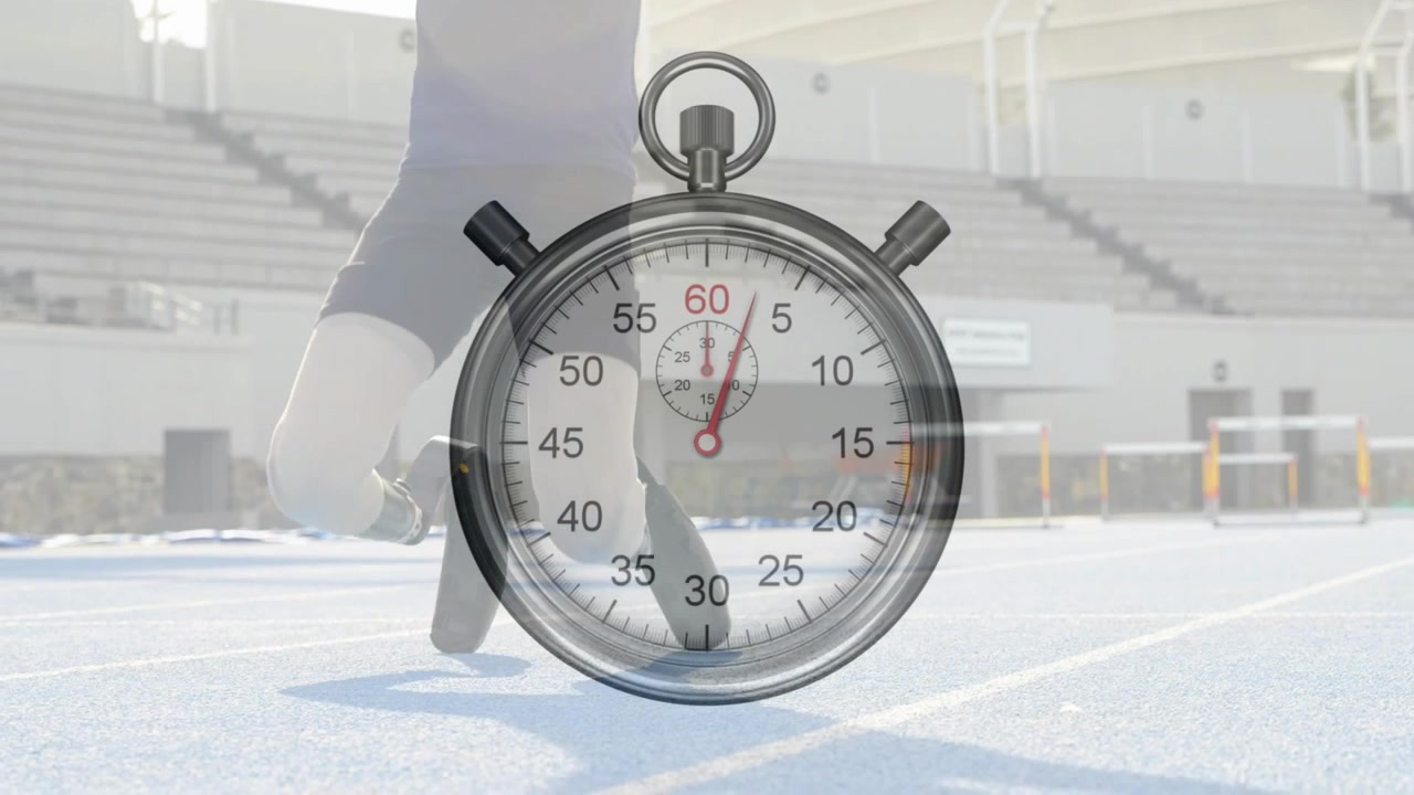 Teenage athlete slowing on track, kneeling and adjusting blade, stopwatch counting, seeking balance
