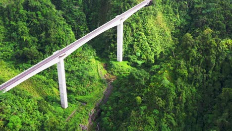 aerial view of agas-agas bridge with green mountains on the pan-philippine highway in sogod, southern leyte, philippines