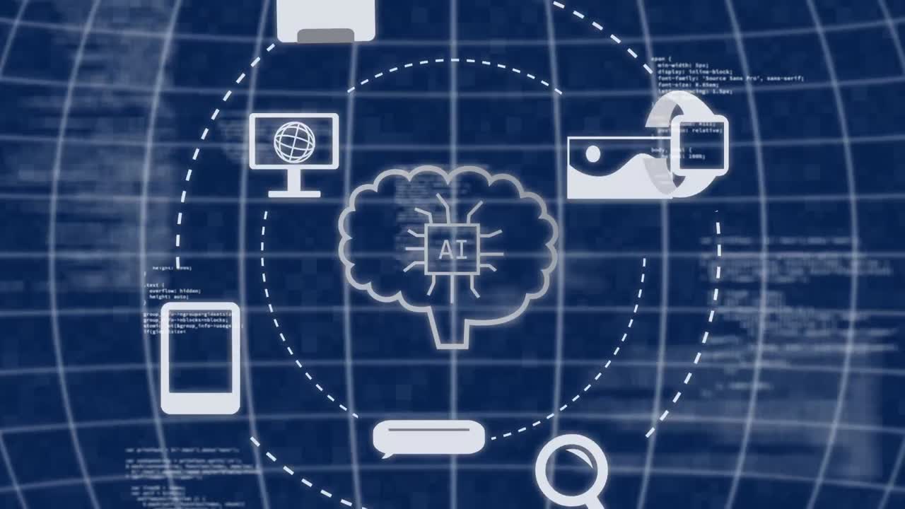 Animation of ai chat and data processing over grid on blue background
