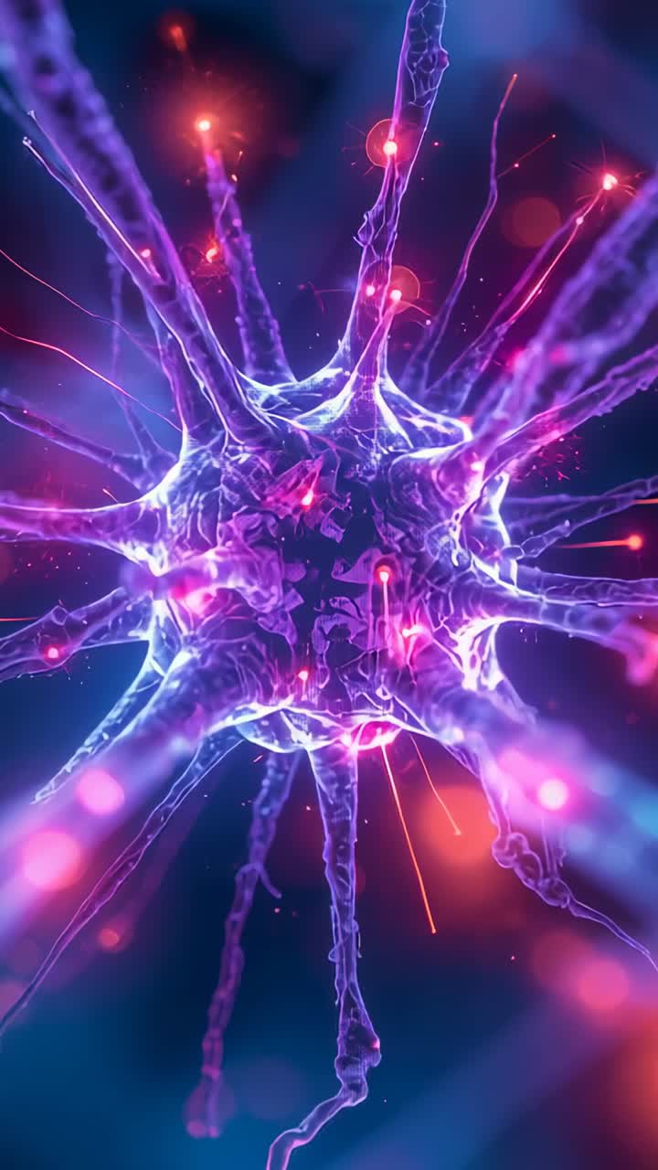Vertical video: Brightening spiky core driving pulsing, sending neon trails along filaments in teal
