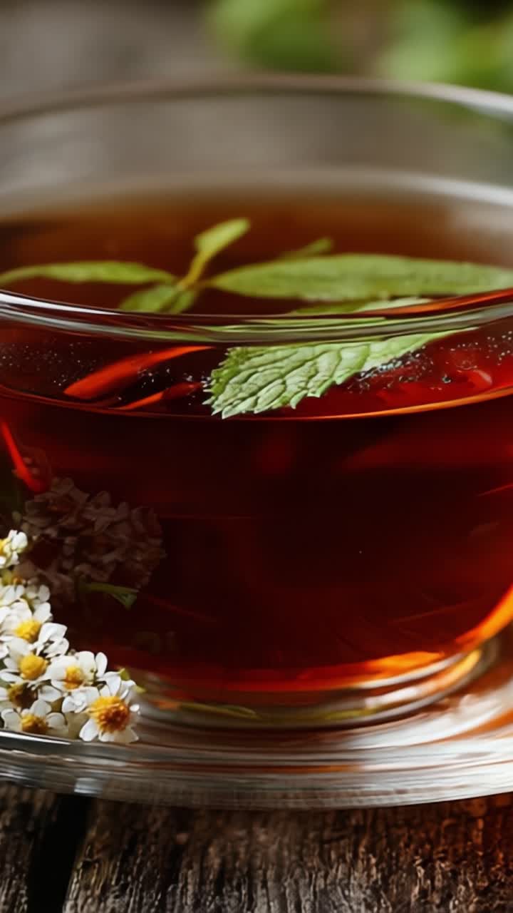Un primo piano di tè alle erbe rinfrescante con foglie di menta e fiori delicati in una tazza di vetro, che evidenzia il suo colore ricco e l'aroma invitante su un tavolo di legno rustico.
