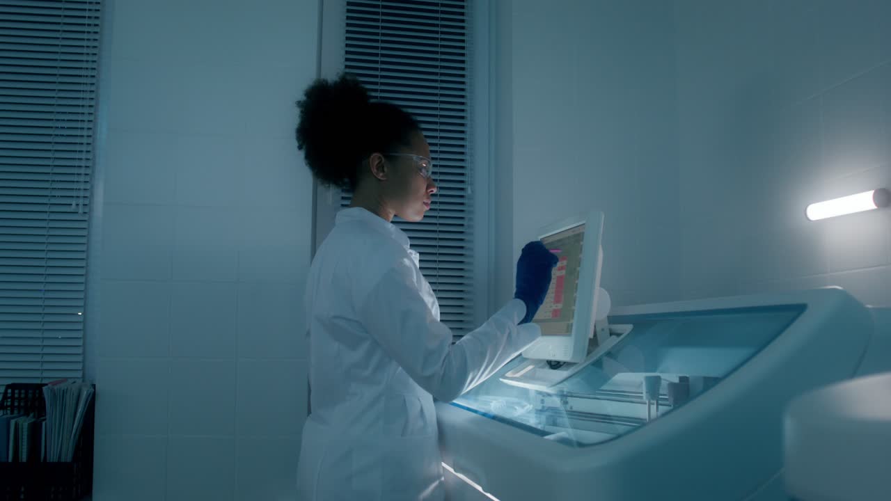 científico analizando los resultados de los análisis de sangre en un laboratorio por la noche