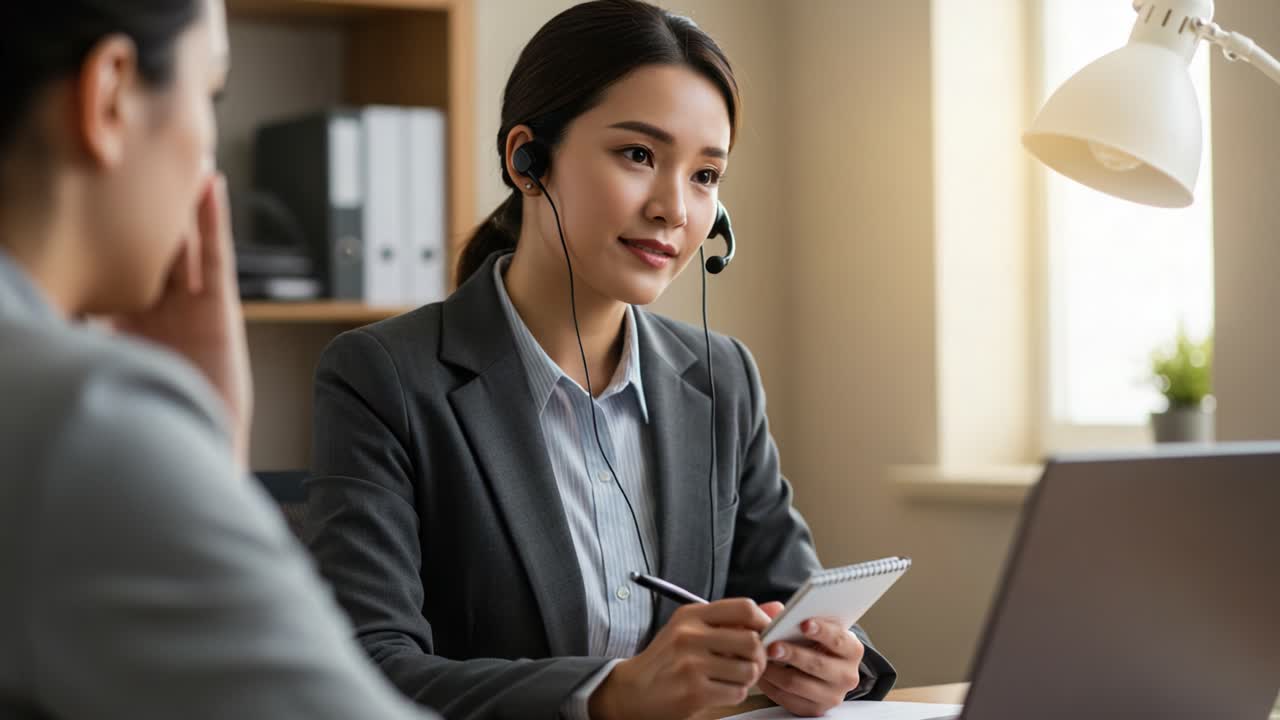 Engaging Discussion in a Professional Setting: A Focused Woman with Headphones Takes Notes While Interacting with a Colleague Over a Laptop