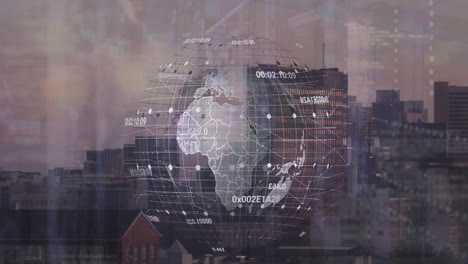 animation of grid pattern and changing numbers around globe over aerial view of modern