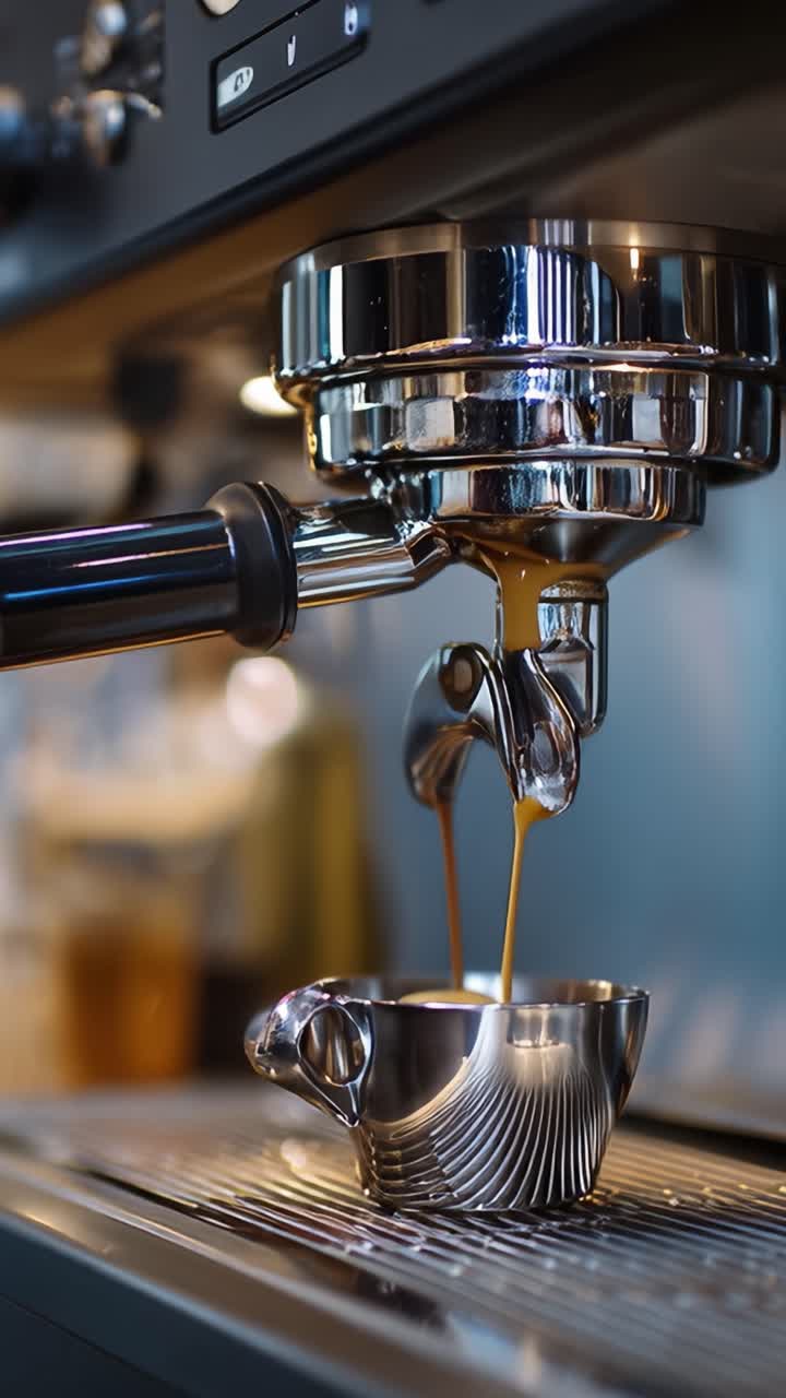 Catturare il ricco processo di estrazione dell'espresso da una macchina da caffè, mostrando il liquido scuro e vellutato che scorre in una tazza di acciaio inossidabile.