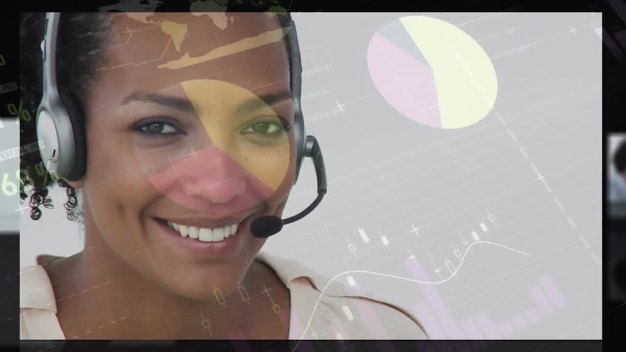 animación de estadísticas y procesamiento de datos sobre personas de negocios que usan auriculares telefónicos