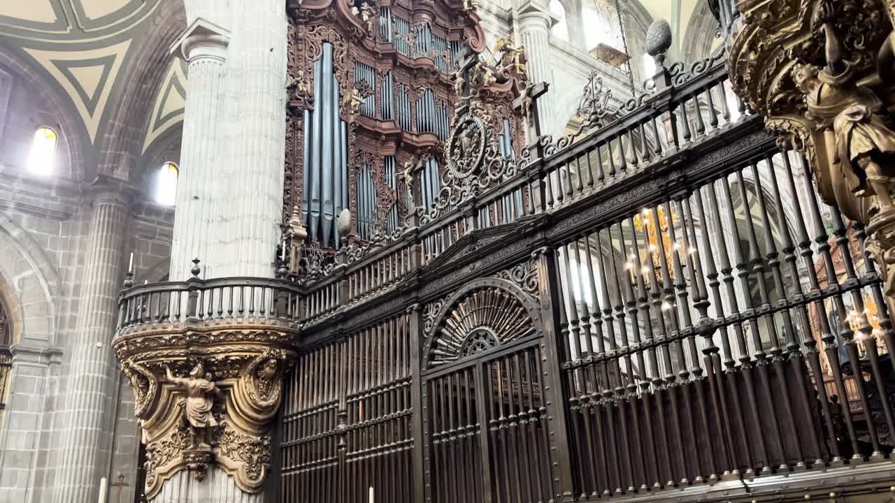 slow motion shot of mexico city cathedral choir chairs
