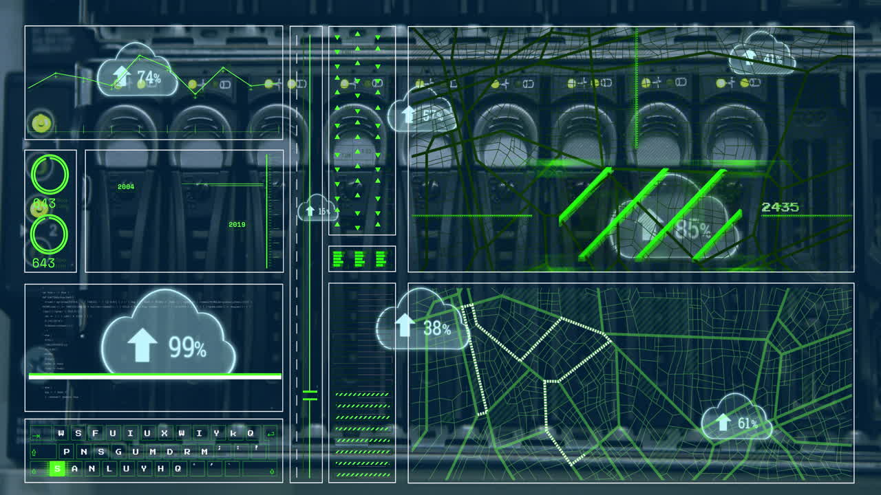 Animation of clouds with percents and data processing over server room