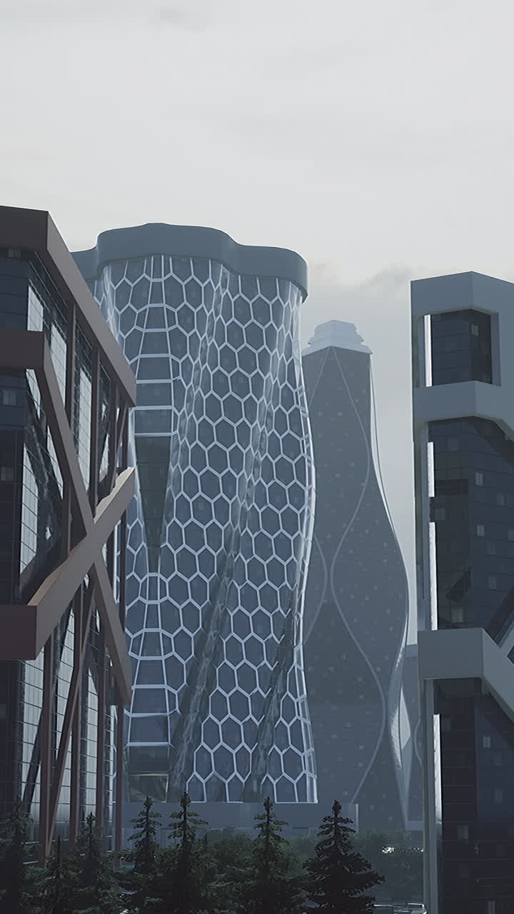 Modern architecture in a futuristic urban landscape with towering skyscrapers