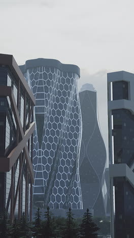 modern architecture in a futuristic urban landscape with towering skyscrapers
