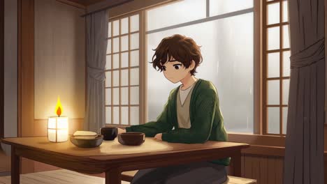 young man sitting at wooden table near rainy window, candlelight casting soft shadows, conveying introspective mood of solitude and quiet contemplation during gloomy weather