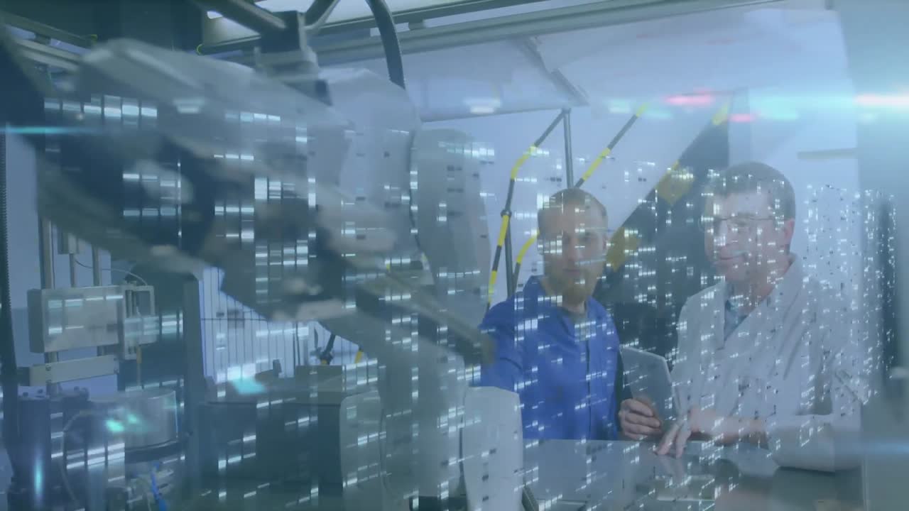 Animation of data processing over male scientists with tablet