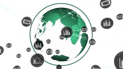 animation of connected phone and graphs icons with globe rotating on white background