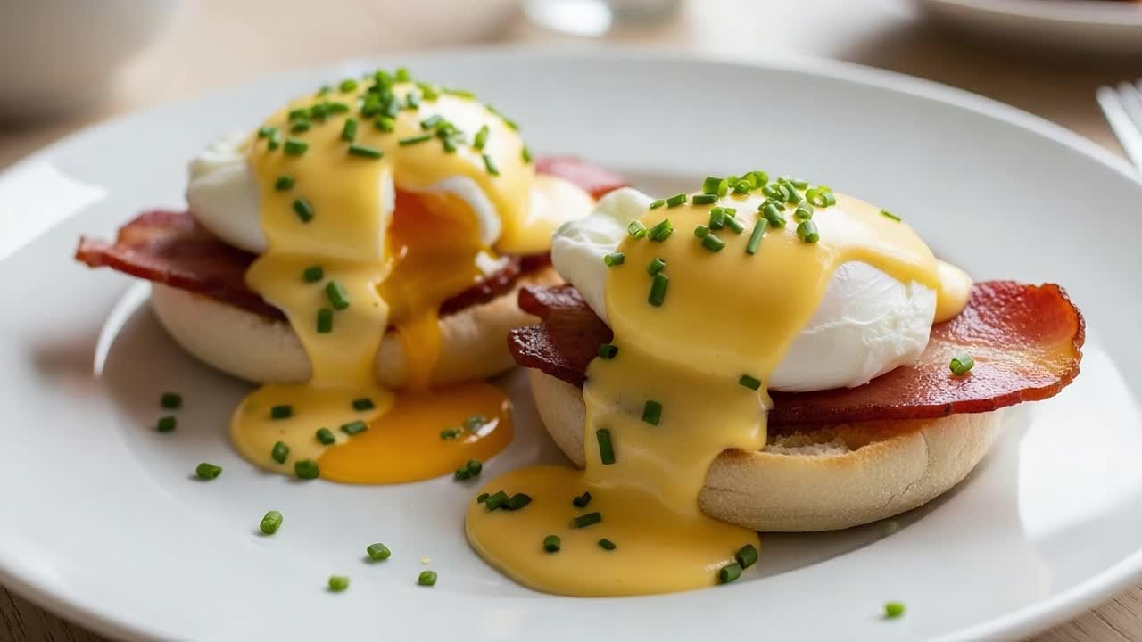 Indulging in Perfectly Poached Eggs on Toasted English Muffins, Drizzled with Rich Hollandaise Sauce and Garnished with Fresh Chives for a Delectable Breakfast Experience