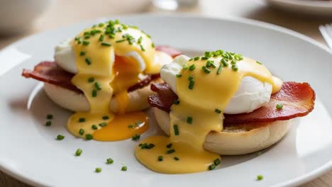 indulging in perfectly poached eggs on toasted english muffins, drizzled with rich hollandaise sauce and garnished with fresh chives for a delectable breakfast experience