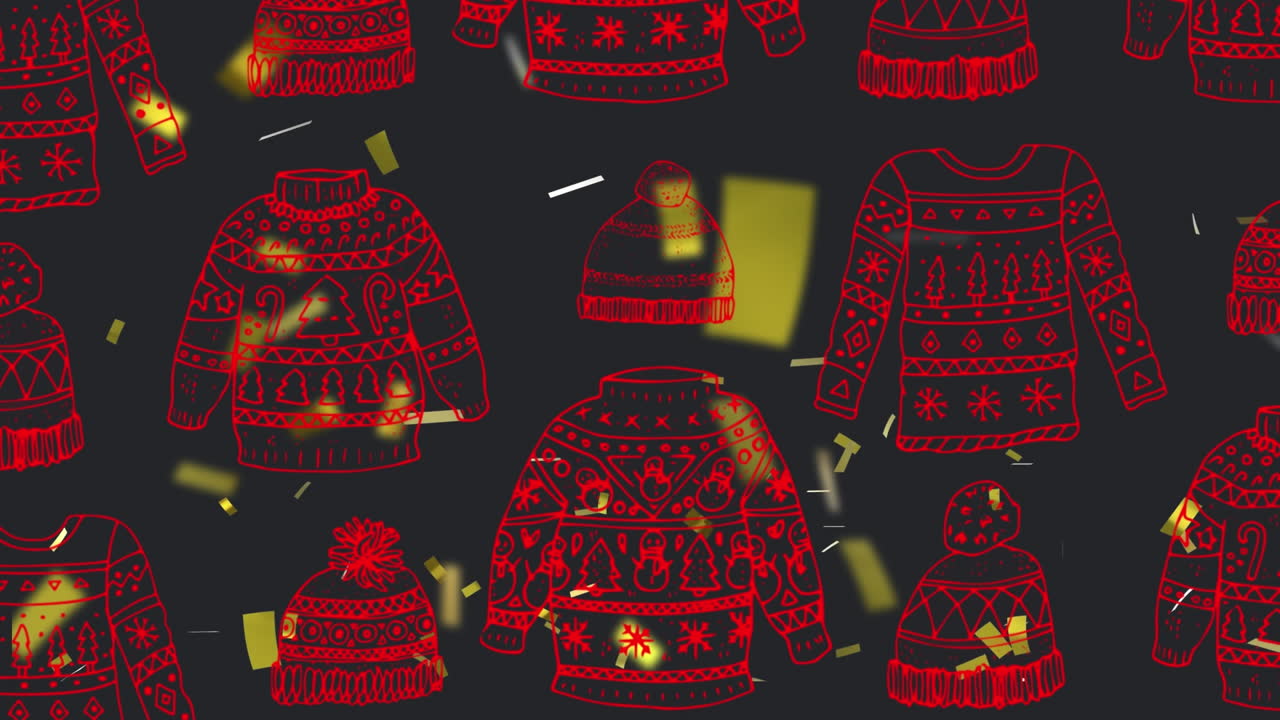 Animation of gold confetti falling over red knitted hats and jumpers, on black background