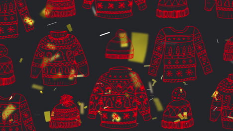 animación de confeti dorado cayendo sobre sombreros y suéteres de punto rojos, sobre fondo negro