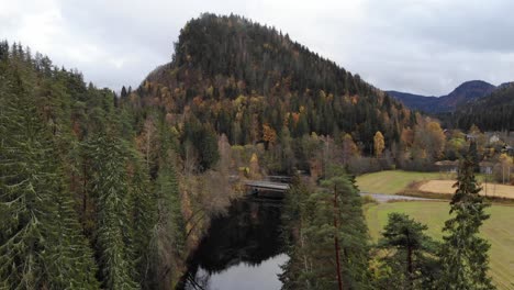 scenic drone footage of a forest river and hills in autumn