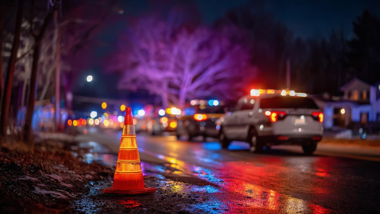 Emergency Response Scene at Night Featuring Traffic Cone and Police Vehicles Amid a Colorful Array of Flashing Lights and Reflections on Wet Pavement