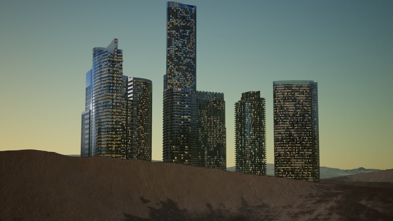 사막 에서 밤 에 도시 초고층 건물 들