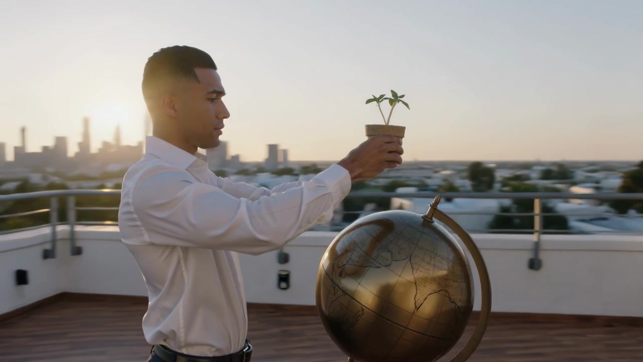 Uomo con camicia bianca che individua un globo, sollevando una pianta in vaso sul tetto e allineando le foglie con il sole dello skyline.