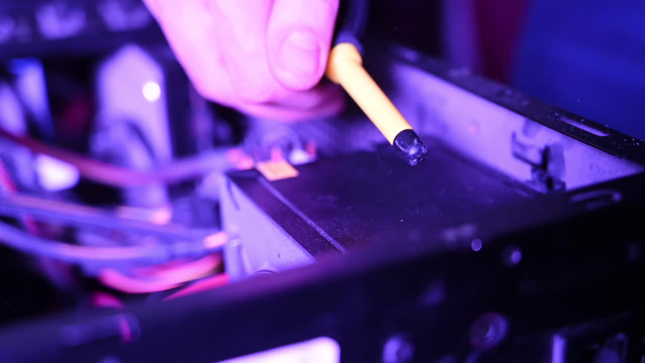 Close up of a man cleaning the dust from a computer using an air blower