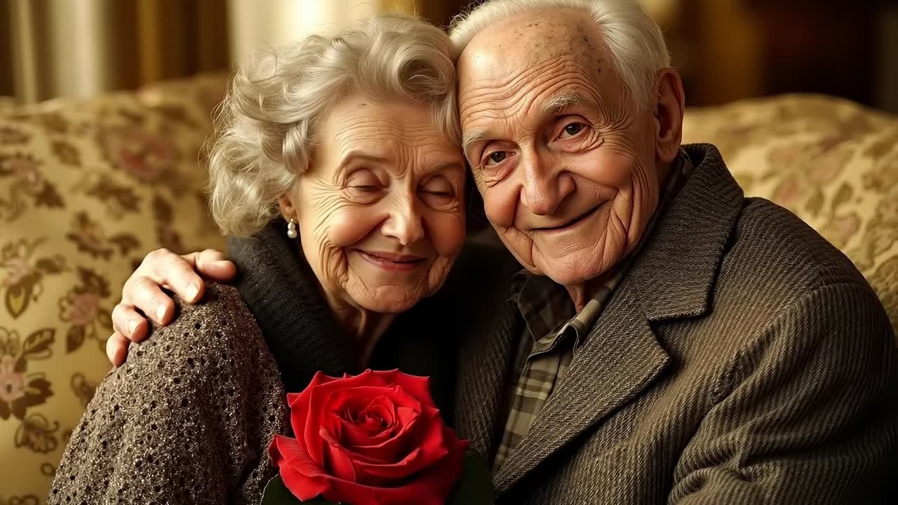 Una coppia di anziani seduta su un divano con una rosa