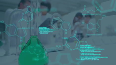animación del procesamiento de datos científicos sobre vaso y científicos que trabajan en el laboratorio