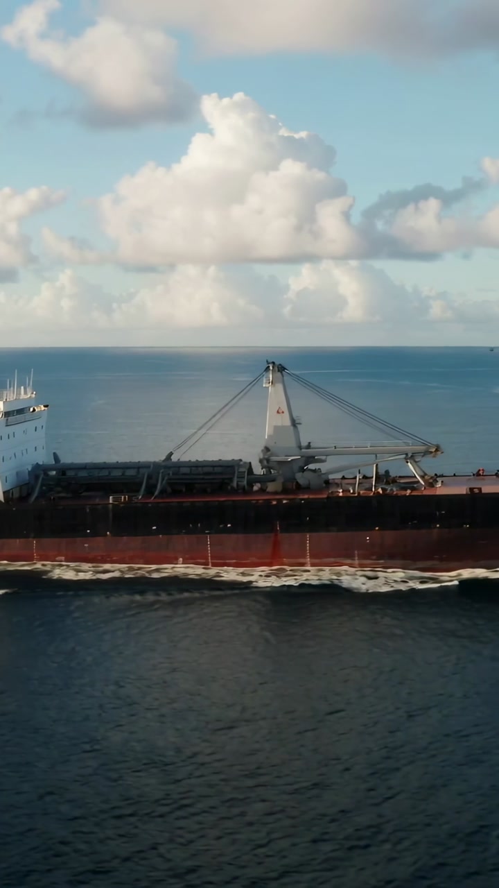 Vertical video: Entering frame, bulk carrier continuing steady transit on open sea, with wake