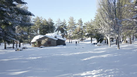 Deserted-wooden-cabin-in-the-snowy-forest-with-one-lonely-person-and-blue-sky