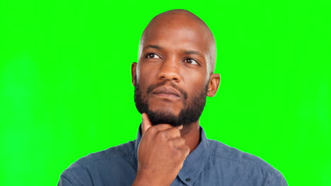 Thinking,-idea-and-face-of-black-man-on-green