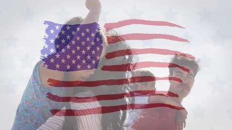 animation of flag of united states of america over biracial couple with son and daughter piggyback