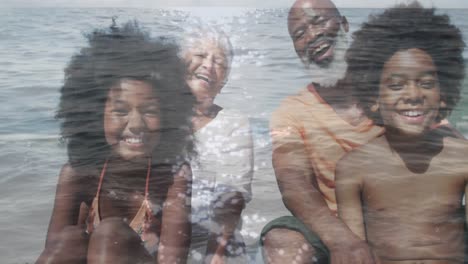 animation of happy african american family sitting at beach over sea