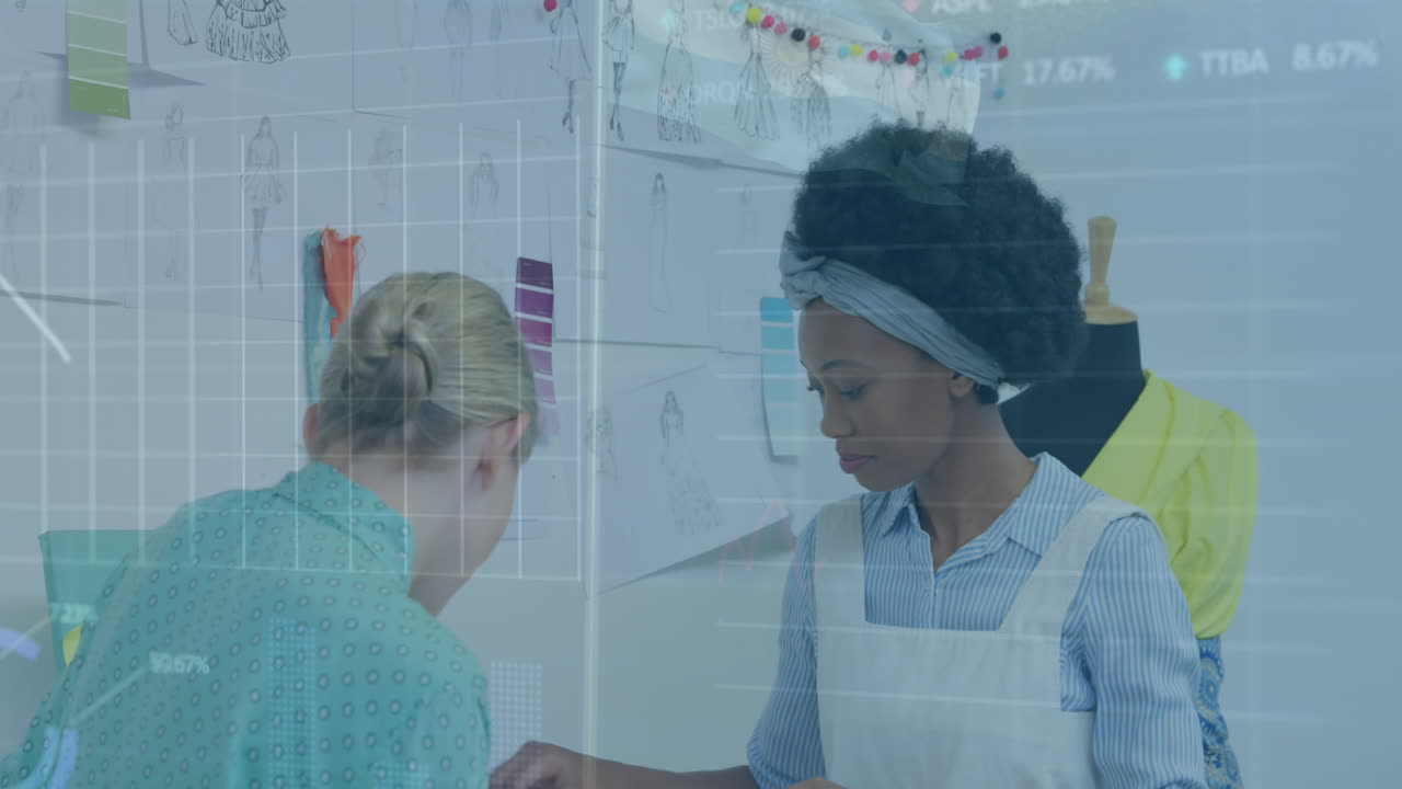 Animation of financial data processing over diverse businesswomen in office
