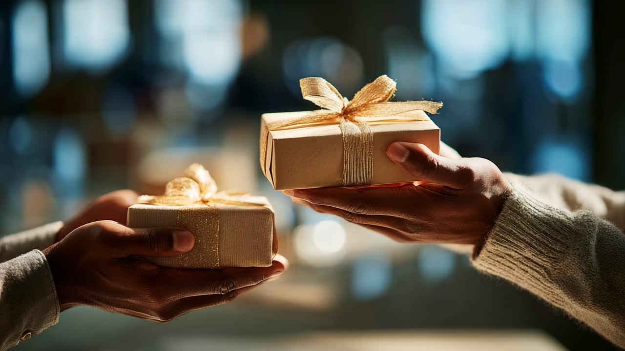 A Heartwarming Exchange: Two Hands Deliver Beautifully Wrapped Gifts with Golden Ribbons, Symbolizing Connection, Celebration, and Joy Between Friends or Family Members