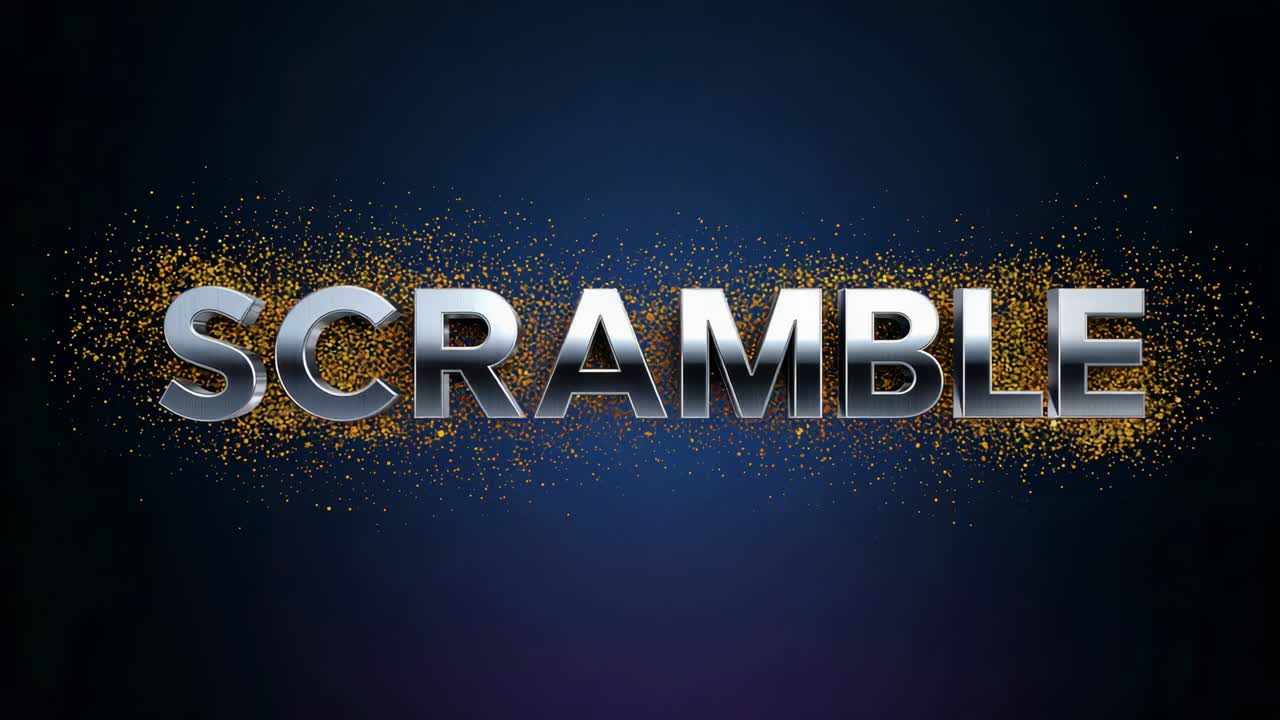 Glowing 3D SCRAMBLE title gaining glow as golden sweep starting at studio, particles lighting text