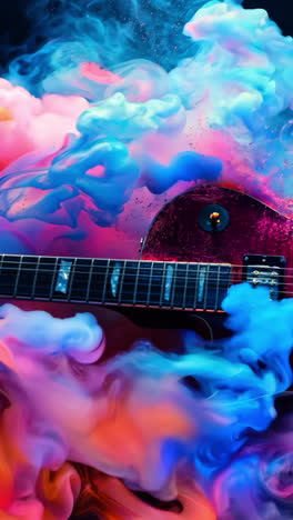 a guitar is shown in a colorful smokey background. the guitar is a vintage model and is the center of attention in the image