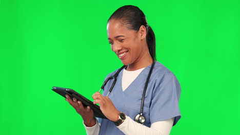 Nurse,-tablet-and-woman-celebrate-on-green-screen