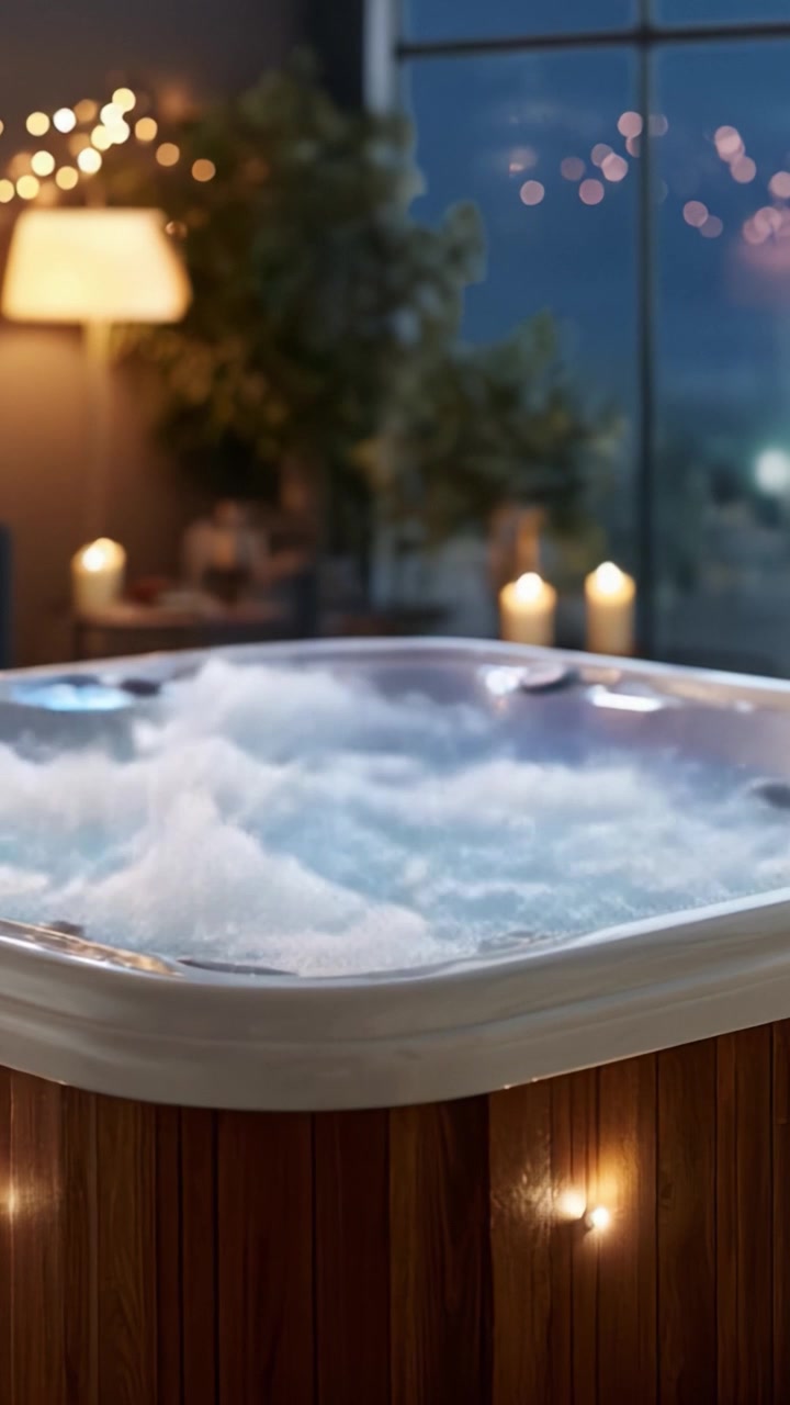 Un'Atmosfera Rilassante: Concediti la Serenità di una Vasca Idromassaggio Circondata da Luci Soffuse e Candele, Perfetta per un Ritiro Serale Rilassante