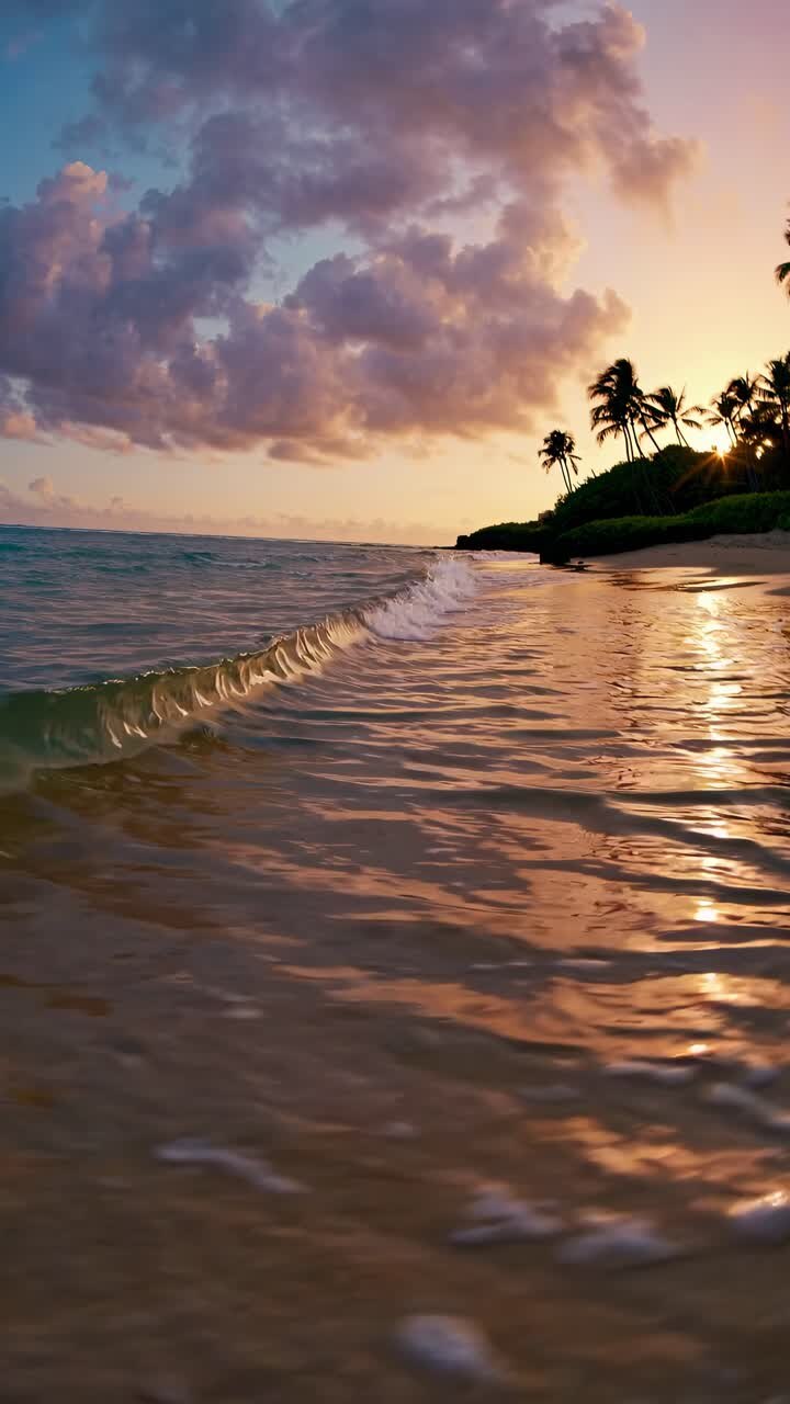 A serene beach sunset video with a low-angle view, capturing gentle waves, palm trees, and a vibrant