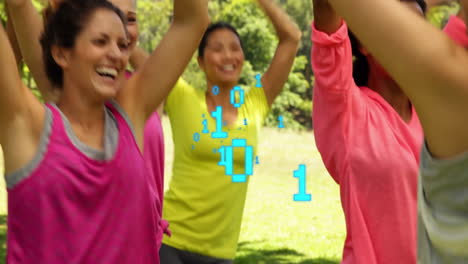 animación de código binario sobre diversas mujeres haciendo ejercicio al aire libre