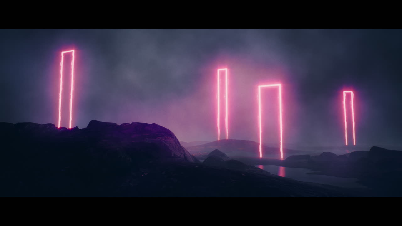 Rocky landscape with huge pink light portal structures