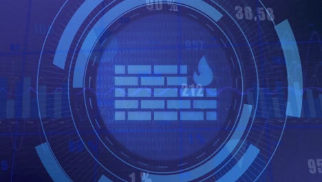 Animation-of-firewall-icon-in-loading-circles,-graphs,-numbers,-binary-codes-over-blue-background