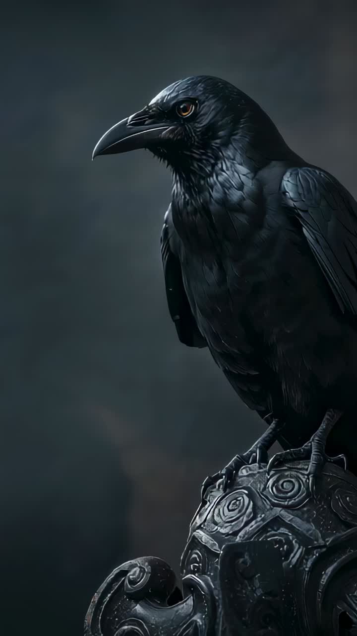 Vertical video: Spotting motion, raven tilting head on ornate finial in smoky backdrop, copy space