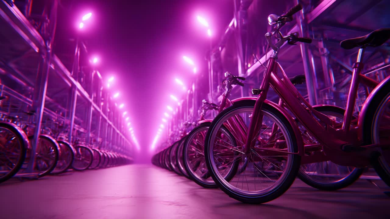 A Serene Display of Pink Bicycles in a Futuristic Warehouse Lit by Soft Purple Lights, Creating an Engaging Atmosphere of Modern Transportation and Urban Mobility Solutions