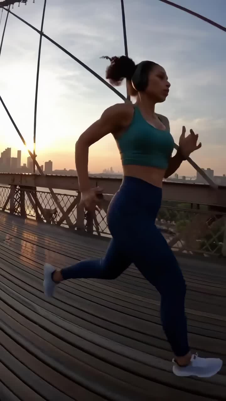 Low-angle video of a woman jogging on a bridge at sunrise, capturing dynamic motion and energy