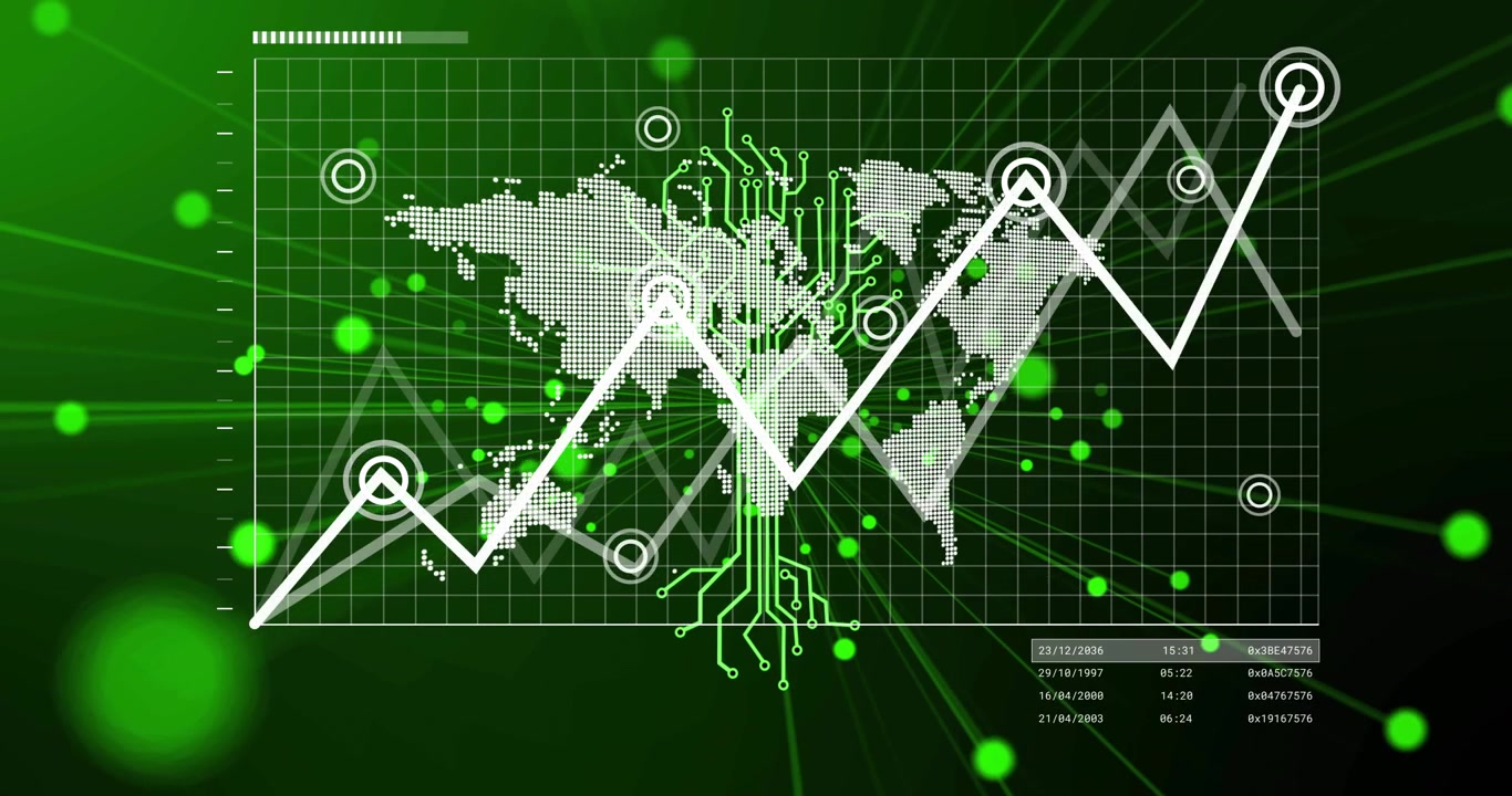 Loading bar filling, interface animating map with dots, growing circuit network mapping global flow